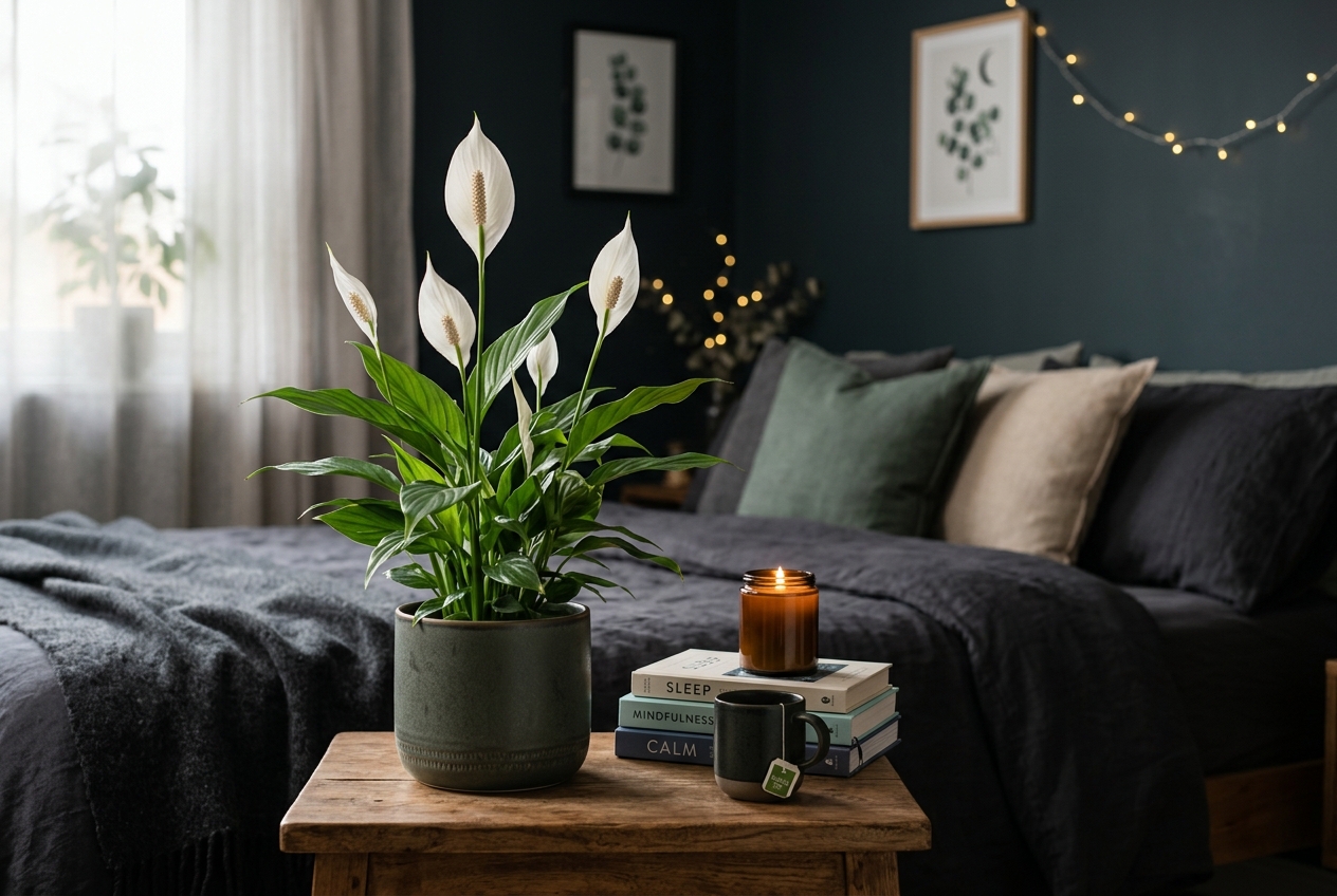 Peace Lily with white flowers in a bedroom