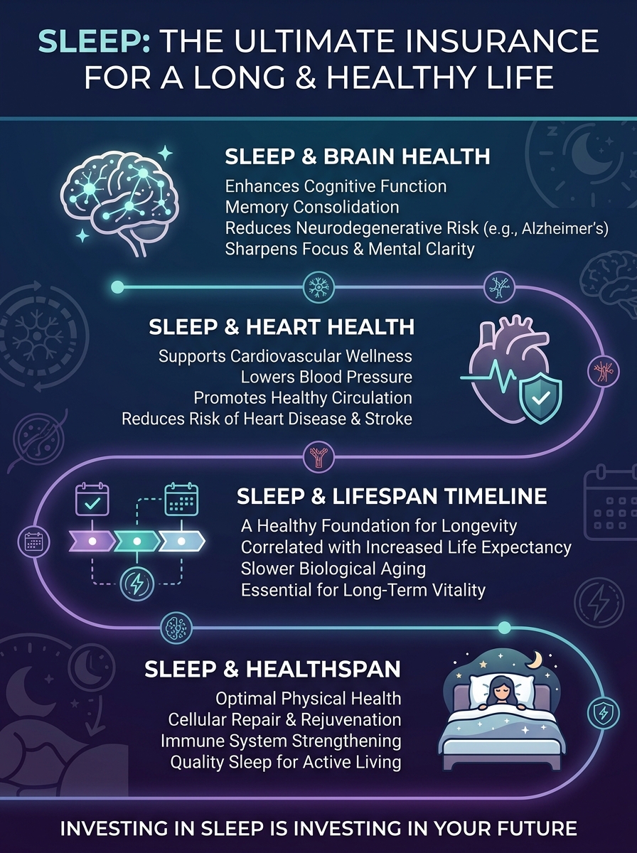 Infographic illustrating sleep as the best insurance policy for lifespan and healthspan.