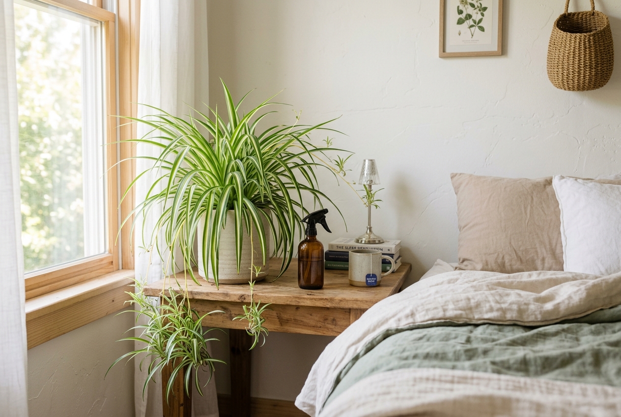 Spider plant with arching leaves in a bedroom corner