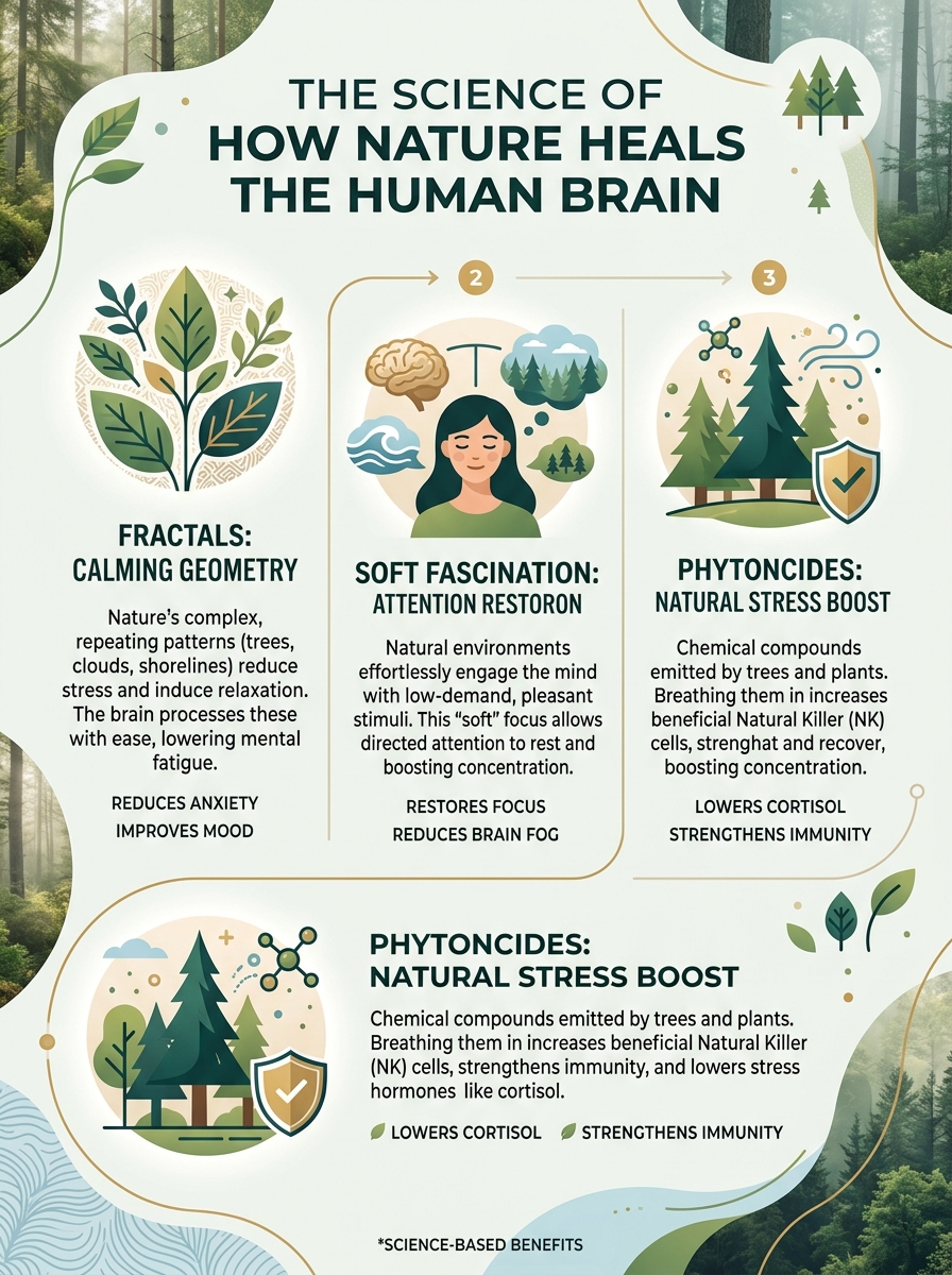 Infographic illustrating the science behind how nature heals the brain.