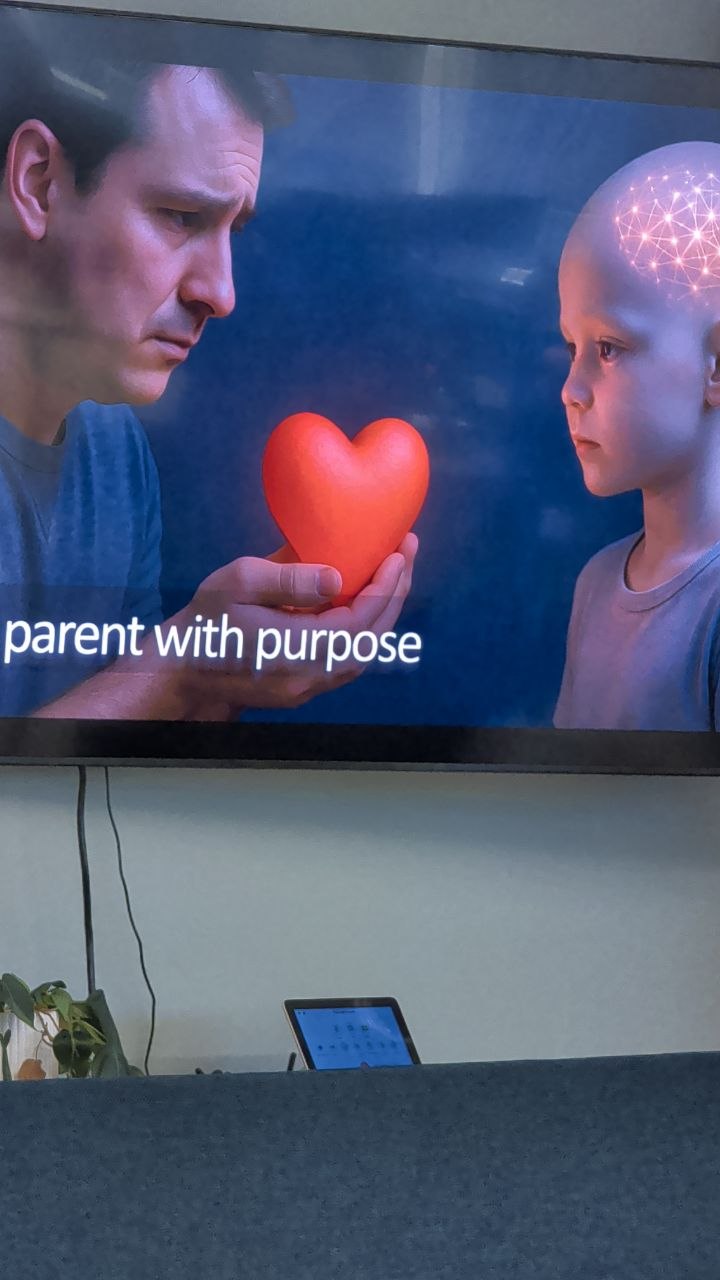 Visual depicting a parent with purpose and a child with a glowing neural network brain