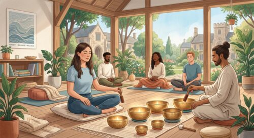 Serene sound healing bowls in a modern academic environment